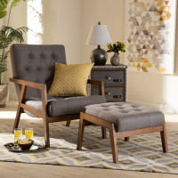 Baxton Studio BBT8040-Grey/Walnut-2PC Set Naeva Mid-Century Modern Grey Fabric Upholstered Walnut Finished Wood 2-Piece Armchair and Footstool Set